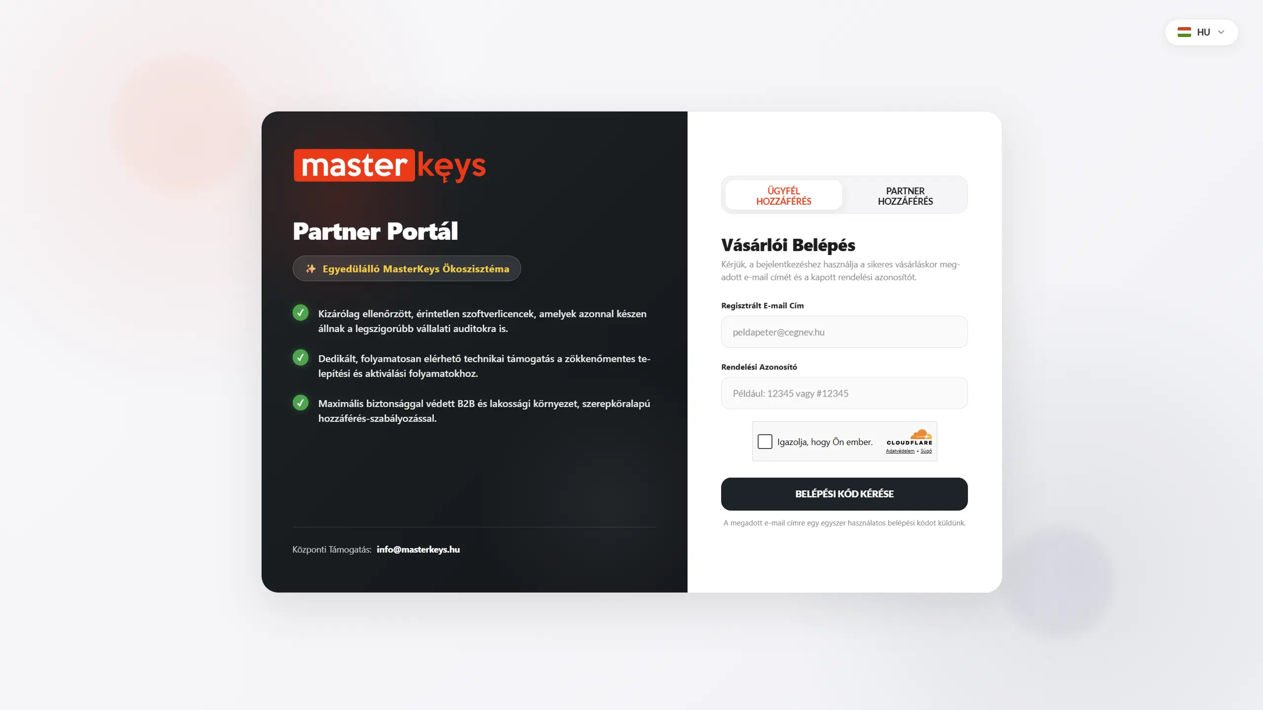 MasterKeys Partner Portal bejelentkezési képernyő
